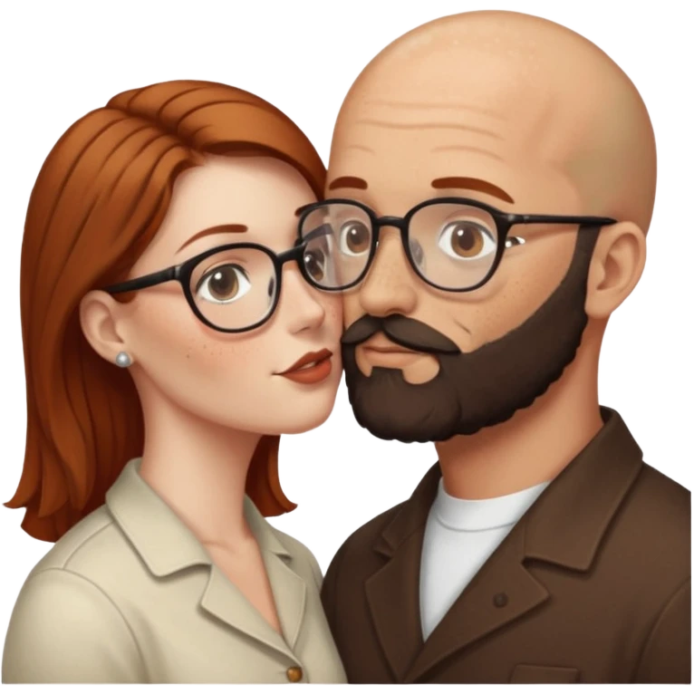 Couple. Bald man with dark brown-black beard. White woman with many small, faded freckles, she has white skin and she has auburn-brown-cinnamon, dark long hair. She has light brown eyes. The man have hazel eyes and glasses. Retro style. She kisses him. emoji