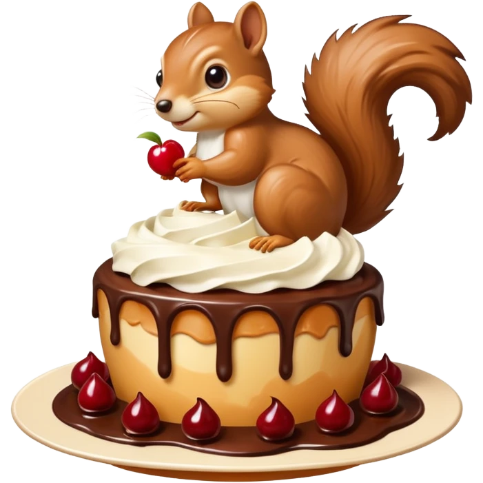 A large caramel custard decorated with chocolate and almonds to resemble a squirrel. Whipped cream with streaks of chocolate forms the shape of the squirrel's tail. It is topped with a cherry. emoji