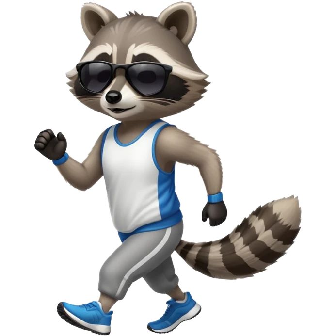 friendly anthropomorphised raccoon in sports wear, wearing dark sunglasses, jogging upright in relaxed pose emoji