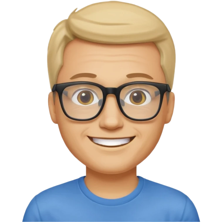 portrait of adult man, wearing a t-shirt, square glasses, smiling face emoji