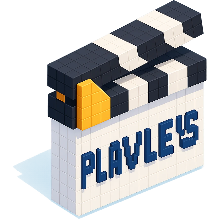 voxel style movie clapperboard with the text 'PLAVLEYS', white body, black lid, isometric view emoji
