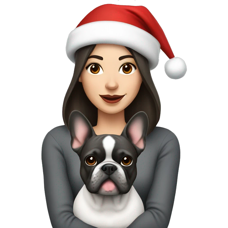 brunette woman with a dark grey French bulldog both wearing Santa hats  emoji