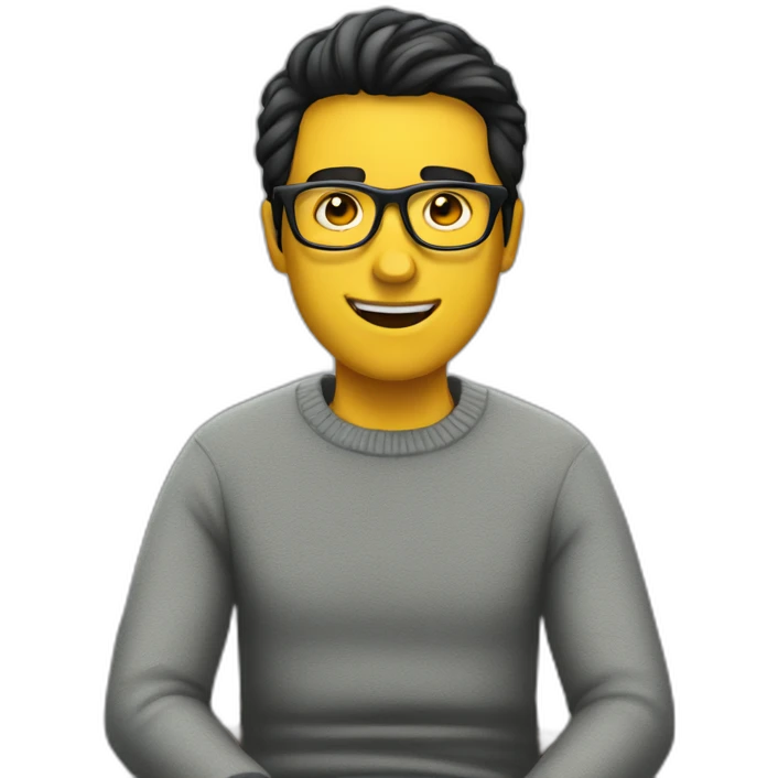 White man with yellow tinted glasses and black hair in a gray jumper and sitting on a chair emoji