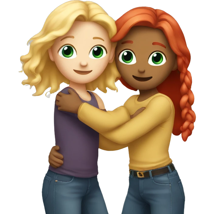 Two white best friends hugging. One has blonde hair and the other has red hair  emoji