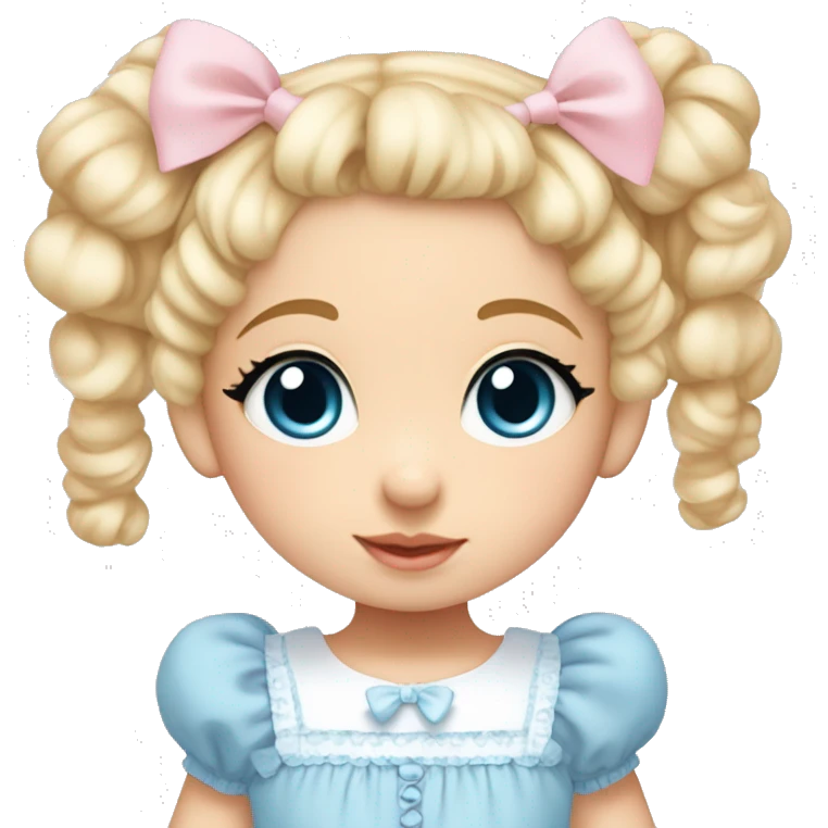 toddler girl with brown eyes and blonde curly hair in two pigtails wearing a baby blue lolita dress with baby pink hair bows emoji