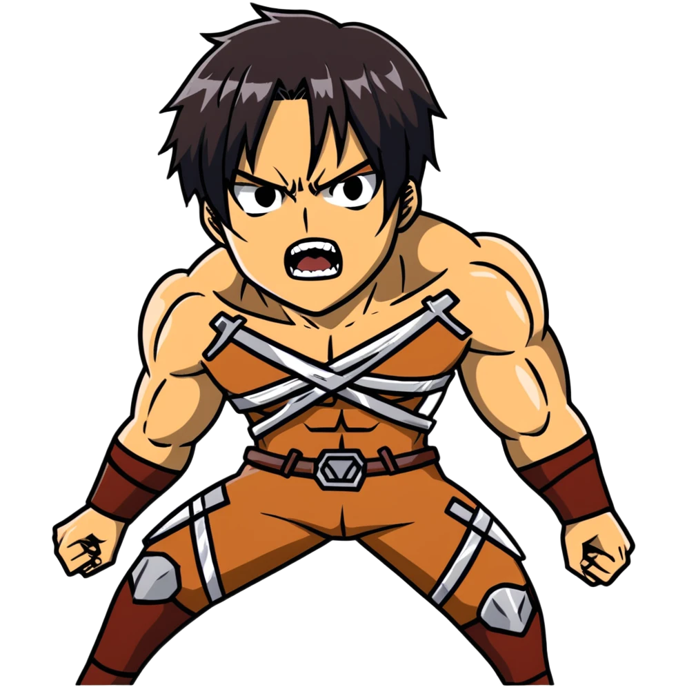 Eren's Attack Titan form, aggressive pose, muscular body with long dark hair emoji