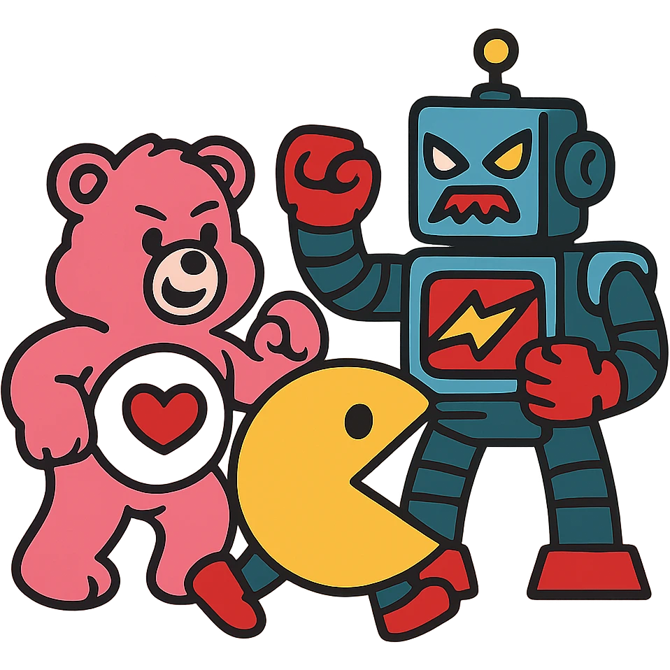 Care Bears and Pacman teaming up against a robot villain, 80's sci-fi style emoji