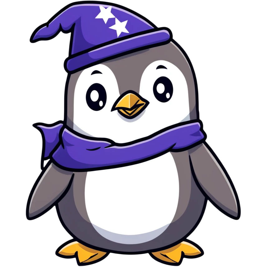 Cute penguin in a wizard costume with stars and magic emoji