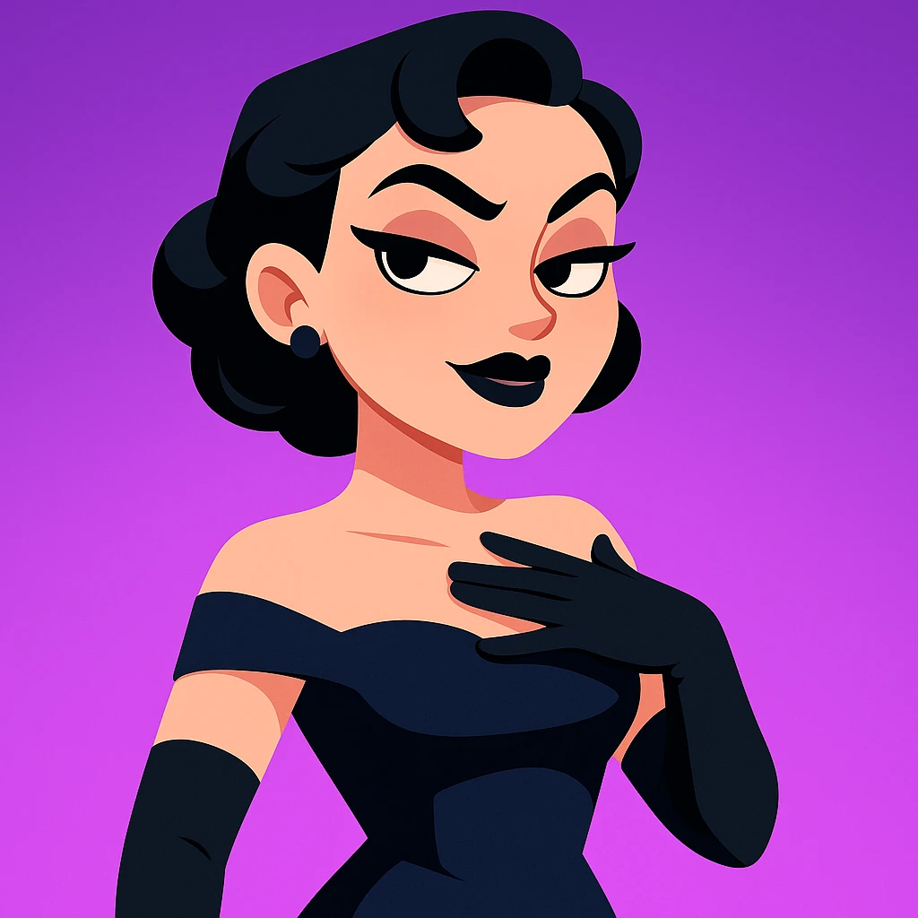 cute animated 3D cartoon character of a glamorous woman with short black hair in elegant curls, wearing a dark navy blue off-shoulder gown and long black gloves, confident slightly smug facial expression with bold dark makeup including black lipstick and sharp eyebrows, hand placed on chest as if in disbelief or sass, bright purple gradient background, mobile game character art style emoji