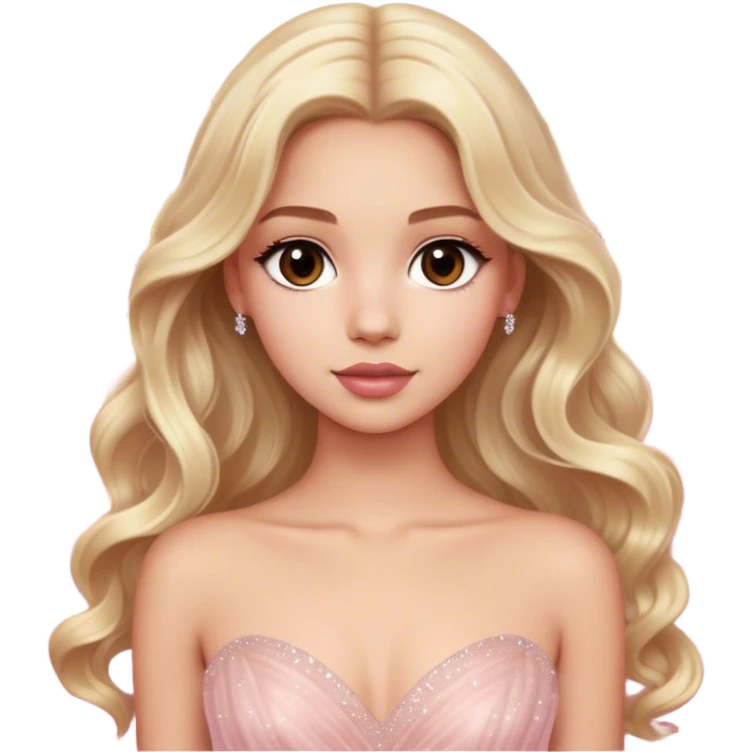blonde model, brown eyes, long wavy hair, oscars red carpet, light pink sparkly tulle gown emoji