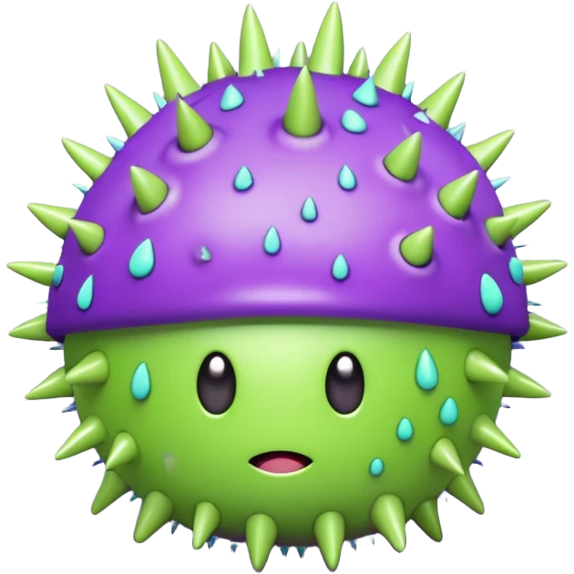 A cute but grumpy 3D render icon of a virus. A spherical shape covered in rounded mushroom-like spikes. Glossy plastic material, cartoonish style. Color palette: bright slime green and purple spikes. Soft studio lighting. Isolated on a solid light background. Minimalist design. emoji