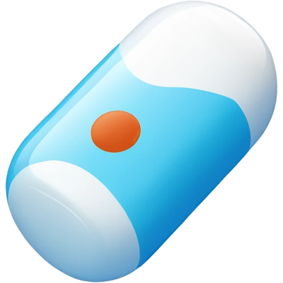 A one capsule-shaped pill, positioned at an angle.: one half is blue, and the other half is white. emoji