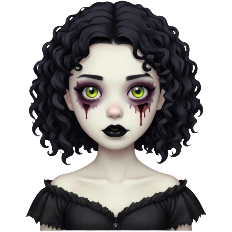garota zombie com roupa gótica, batom preto e cabelos pretos e cacheados na altura do ombro emoji