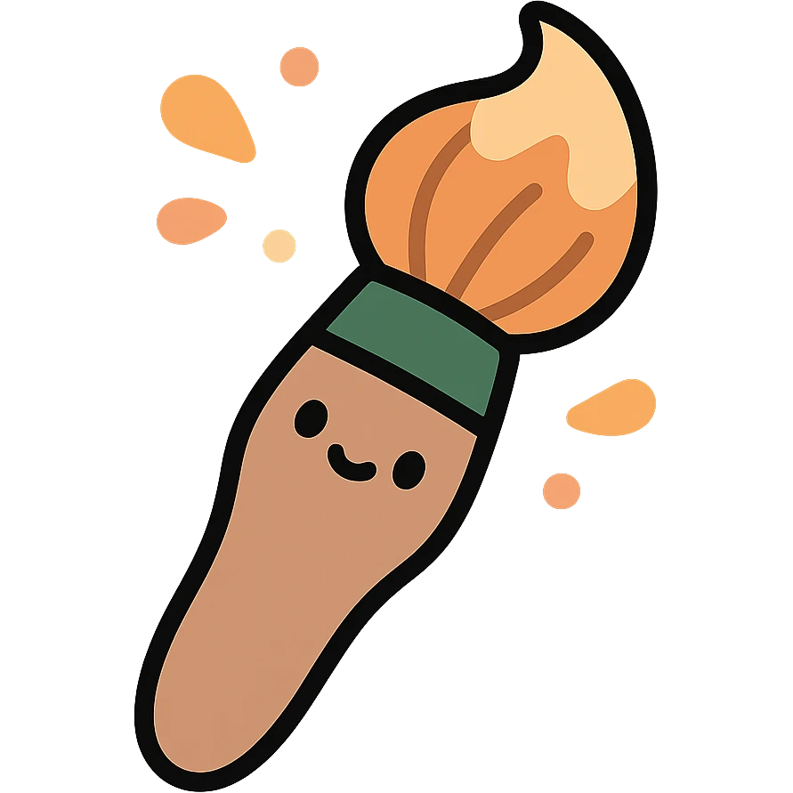 A cute and whimsical artist's paintbrush with a soft and cozy design, featuring a warm color palette: golden orange (FA9B41), deep forest green (4A7C5C), muted taupe brown (96775A), and pastel peach (FFCC9A). The brush has a delicate wooden handle in muted brown, with the bristles slightly fanned out, holding a touch of paint in shades of peach and orange. The tip of the brush is dipped in a soft golden hue, and tiny splashes of paint in the palette’s colors are gently scattered around. The overall mood is playful, artistic, and charming, evoking a sense of creativity and warmth. emoji
