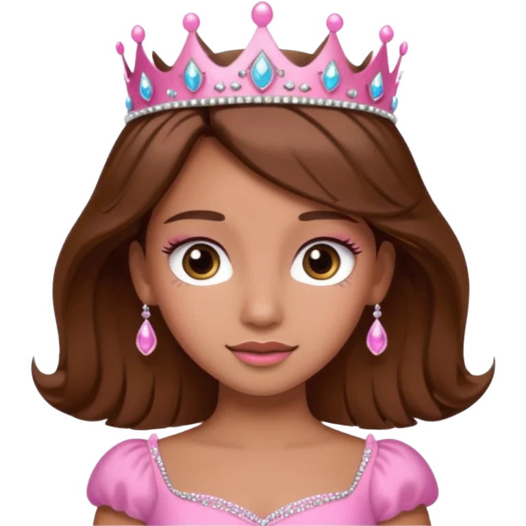 A pretty princess emoji with eye lashes, tan skin and brown hair with a pink dress and tiara  emoji