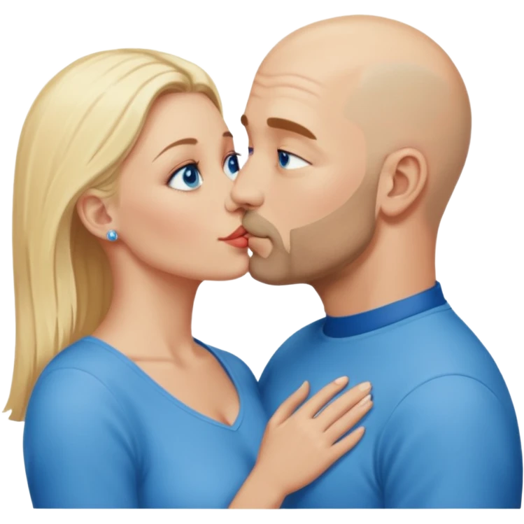 middle age bald man with scruff, blue eyes a.  Kissing blonde woman with blue eyes emoji