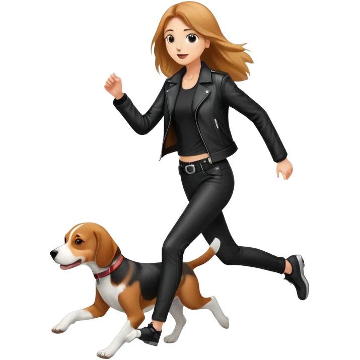 A beautiful tall girl with fair skin and long hair wearing a black leather jacket and black pants running with Beagle emoji