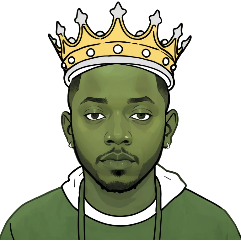 Kendrick Lamar as a king in peepo style, wearing a crown, cheerful expression, simple and cute emoji look emoji