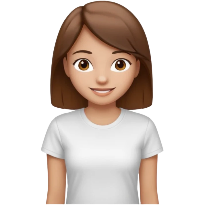 Chica de pelo liso y marrón con ojos color marrón claro y una camiseta blanca emoji