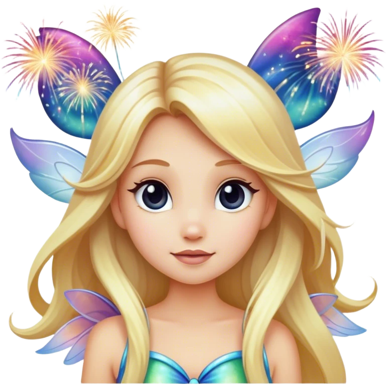 Long blonde hair fairy wearing iridescent wings in front of Mickey fireworks  emoji
