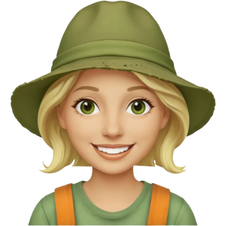 messy green clay mask and tourist hat blond woman  smiling and clay mask on face emoji