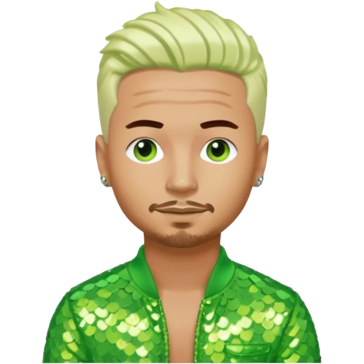 J Balvin with platinum blonde hair, lime green sequin outfit emoji