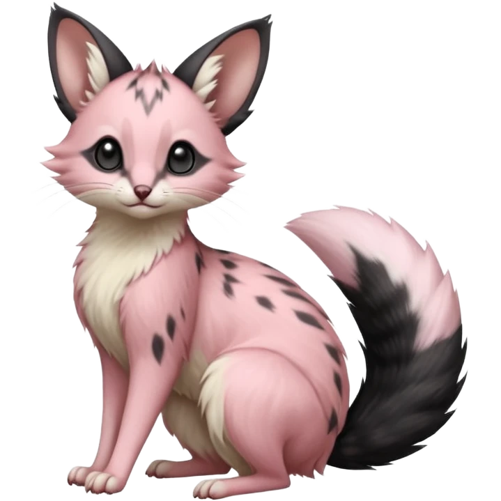 Pastel Pink, black-pointed, soft natural realistic romantic vintage antique divine beautiful elegant pretty precious cute young youthful  Fakémon-Pokémon-opossum-feline-mouse-serval-caracal-chinchilla-Minccino-Cinccino-Meowstic-rodent-hybrid-creature with a big fluffy bushy tail (full body) emoji