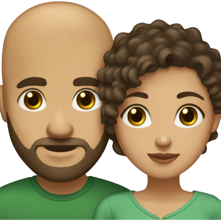 Married couple, man bald, brown beard, man green eyes, woman dark curly hair, light brown eyes emoji
