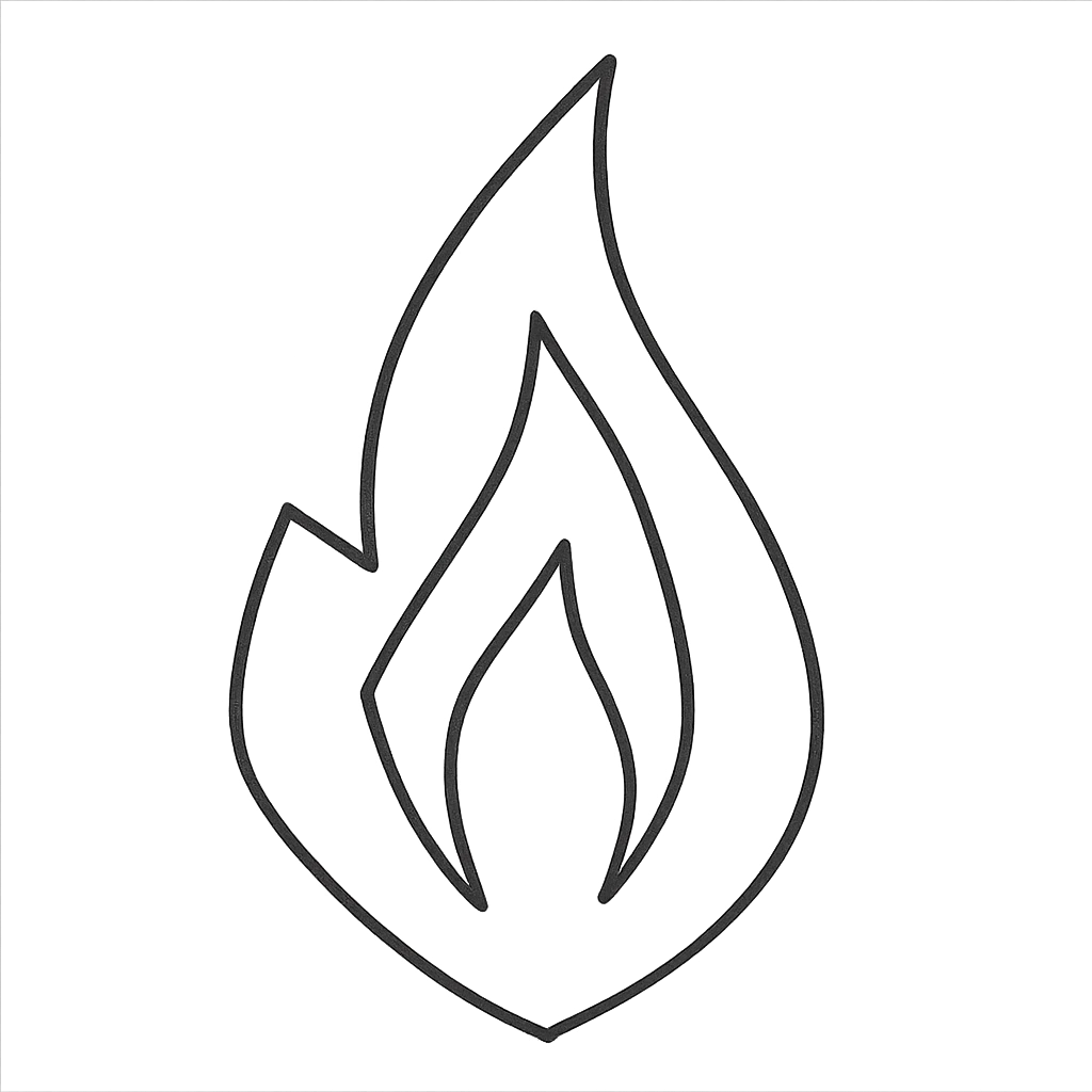 abstract flame shape, hand-drawn geometric outline style, black outline, no color emoji