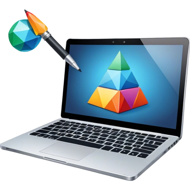 Professional icon for Graphic Design: a laptop with Photoshop open on the screen, displaying geometric shapes like spheres, cubes, and pyramids, along with a stylus. The icon should reflect the creative process in graphic design. Transparent background. emoji