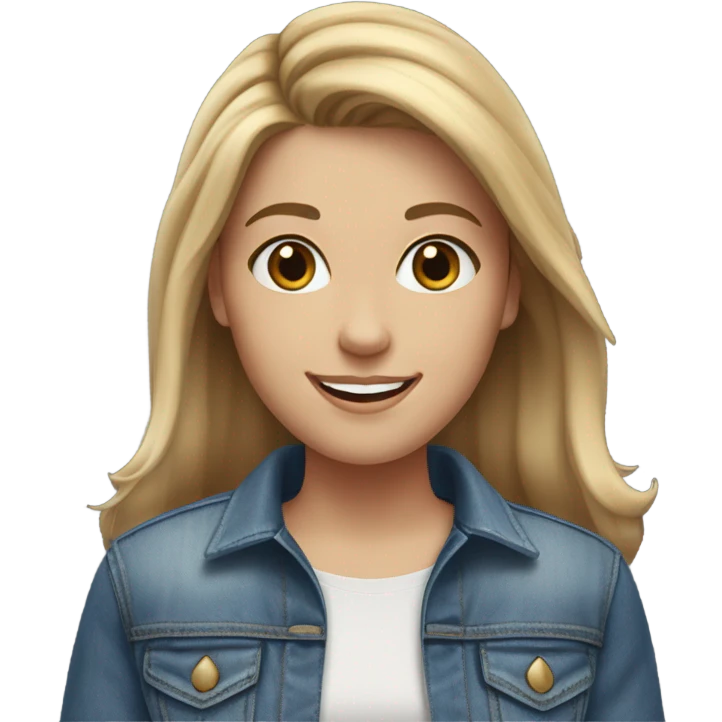 White girl with medium length brown hair with blonde highlights in denim smiles emoji