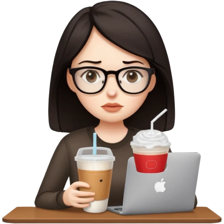 컴퓨터 작업 중 + 아이스 아메리카노(테이크아웃 잔)링거 + 다크서클 + 검은머리 여성 emoji