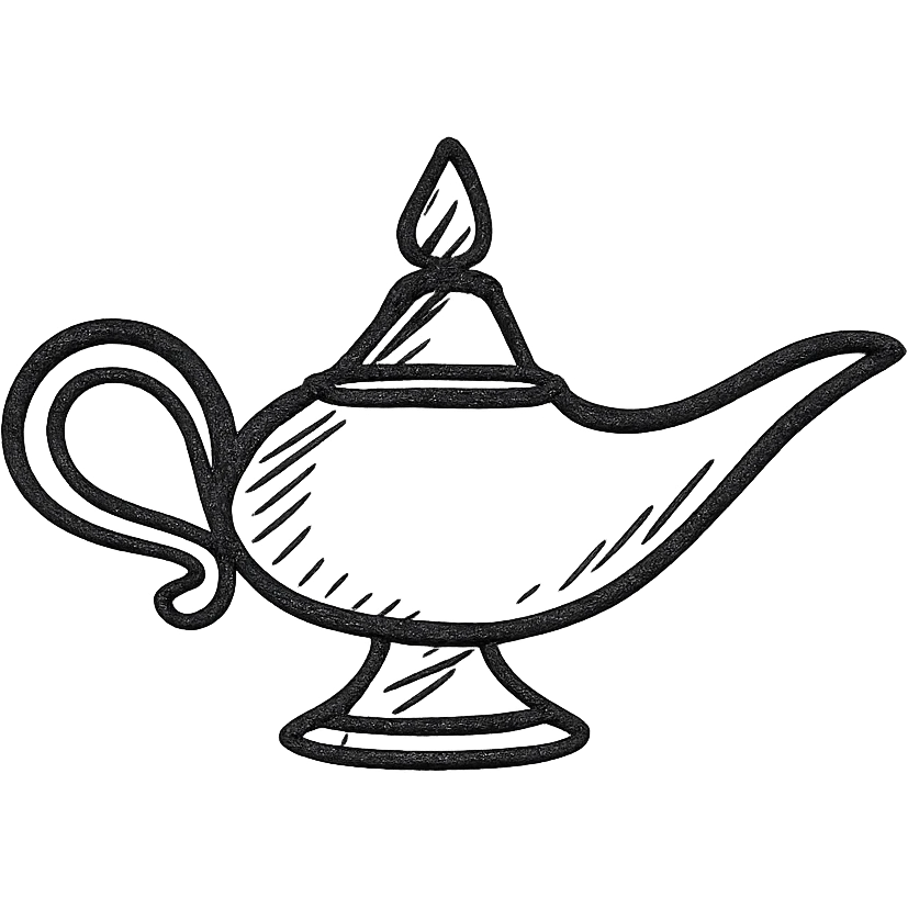A magic lamp as a hand-drawn icon with black outlines and no fill emoji