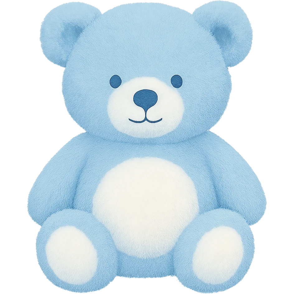 Change the teddy bear's fur to blue and white, keep it soft and plush, no shadows, flat lighting, no background. The style should maintain the original look of the teddy bear in the image. emoji