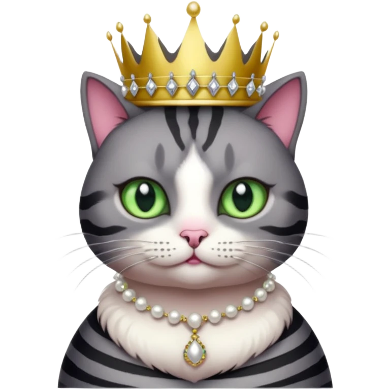 Gatito gris oscura con rayas negras ojos verdes vestida de reina con coronas y diamantes, más peluda y gordita  emoji