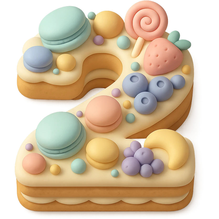 number-shaped cookie cream tart with Macarons, Fruit, and Candy toppings, simplified, clear, emoji-like, no faces emoji
