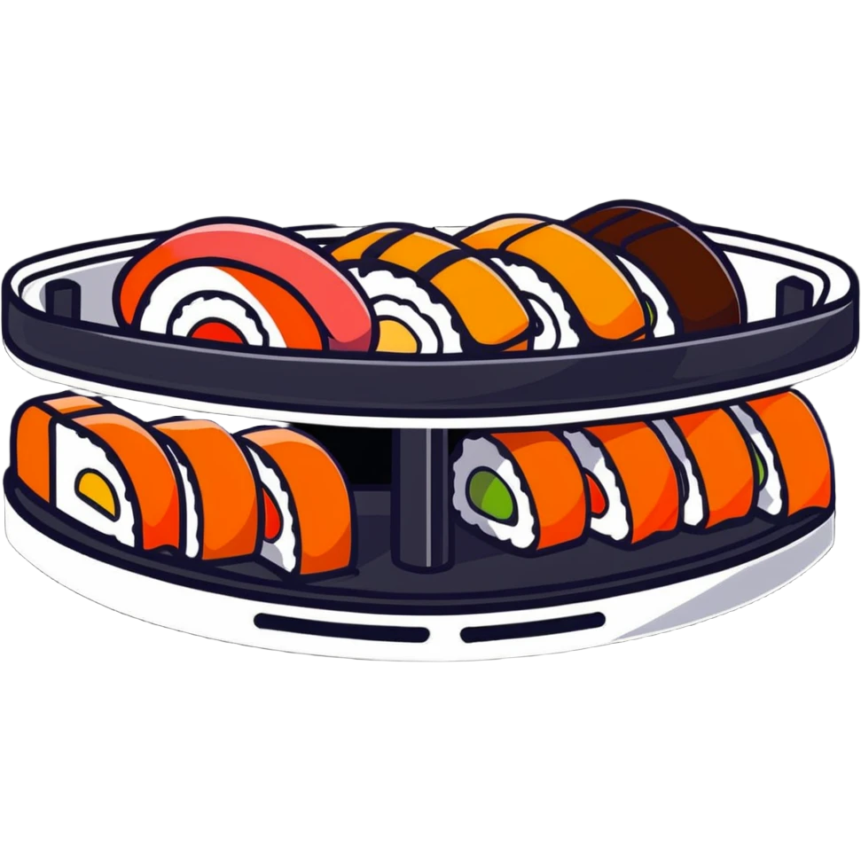 rotating sushi conveyor belt restaurant with colorful sushi plates emoji
