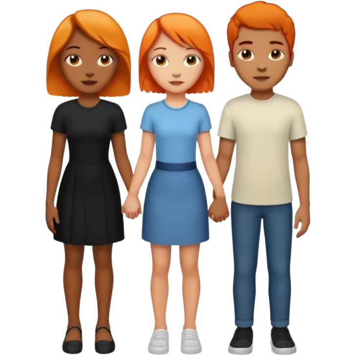 Three people holding hands first people is a female light skin have medium length half black half orange hair the second person is tall African American male short hair and the third people the third person is a female medium length black hair light skin emoji