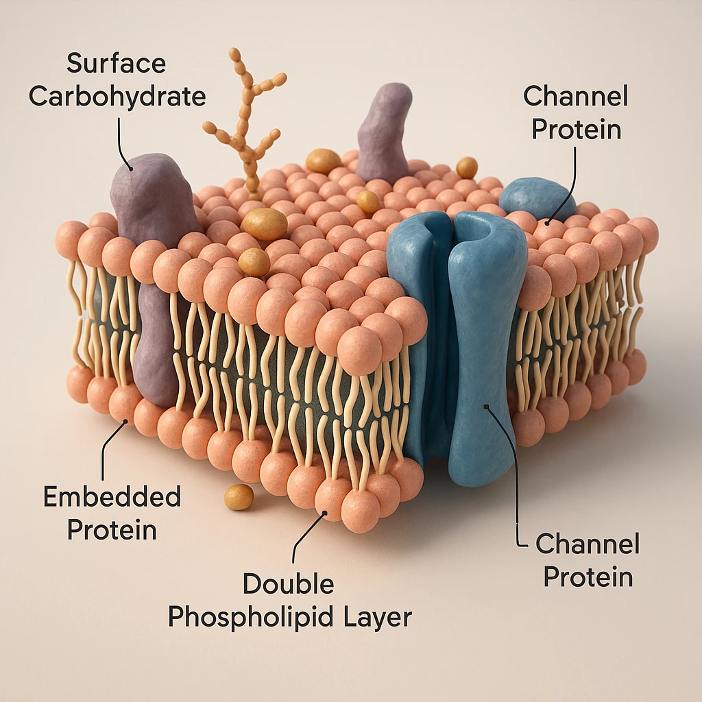 3D scientific diagram of a cell membrane with a channel protein, cutaway view showing double phospholipid layer, embedded proteins, surface carbohydrates, cholesterol, and a visible channel protein, realistic lighting, educational clarity emoji