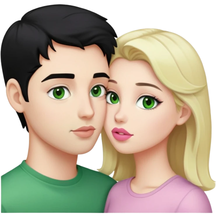A blonde girl with fair skin and green eyes and light pink lips a guy with black hair and fair skin and green eyes are kissing emoji