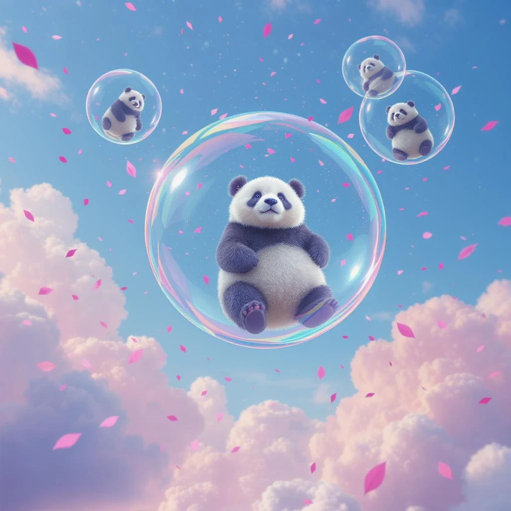 Realistic, Minimalistic Cinematic still of pandas bears sitting inside flying bubbles, blue sky filling background , pink clouds, pink leafs falling around emoji