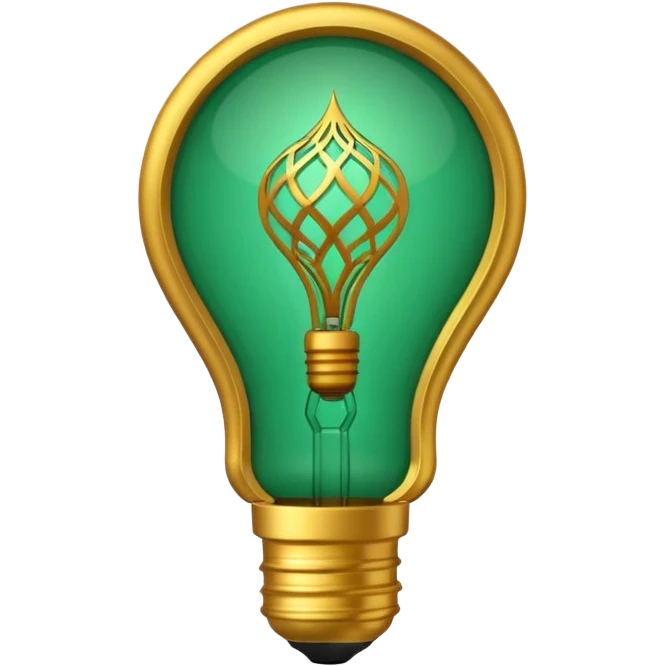 3D emoji, light bulb with Moroccan arabesque pattern inside, golden frame, glowing light, emerald green and gold colors, minimalist, white background. emoji