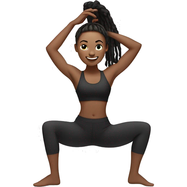 Medium skin toned Black woman with dreadlocks in a ponytail wearing black leggings and a sports bra in dancer yoga pose emoji