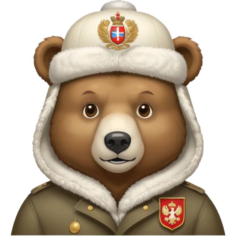 Just the head of a bear wearing white ushanka hat with detailed Russian coat of arms emblem centered on hat, iOS emoji style emoji