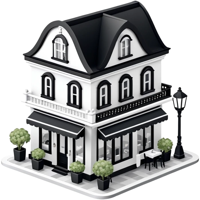 Isometric exterior little black and white fancy restaurant dollhouse style 3D realistic  emoji