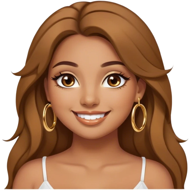Latina girl medium tan skin with gold hoops and brown makeup beautiful light brown long hair down smiling black wing eye plus size  emoji