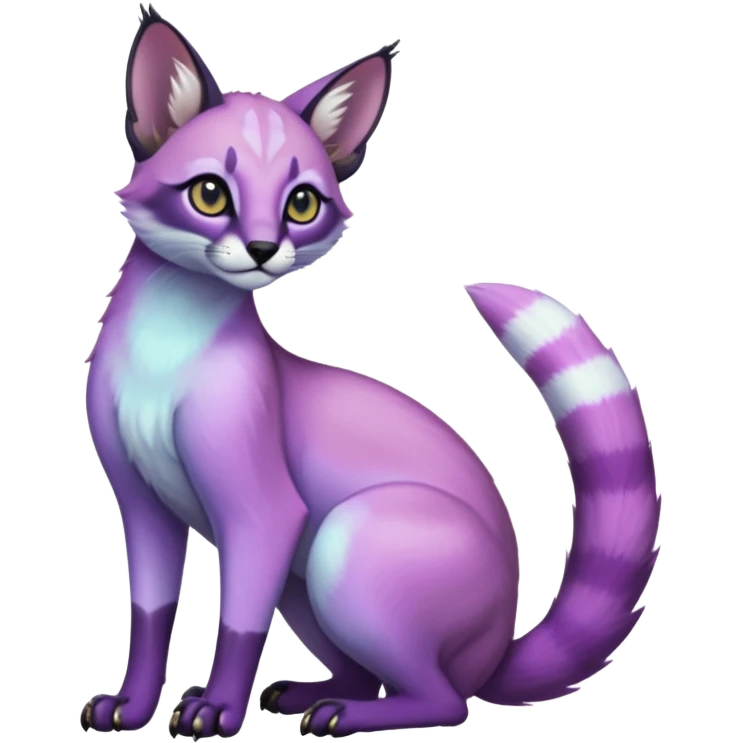 Colorful dark tropical pastel-lilac-lavender-violet iridescent pastel white glorious divine exotic cute cool beautiful shiny beautiful fantasy-caracal-civet-genet-sergal-vernid-animal-Fakémon-hybrid-fursona (full body) emoji