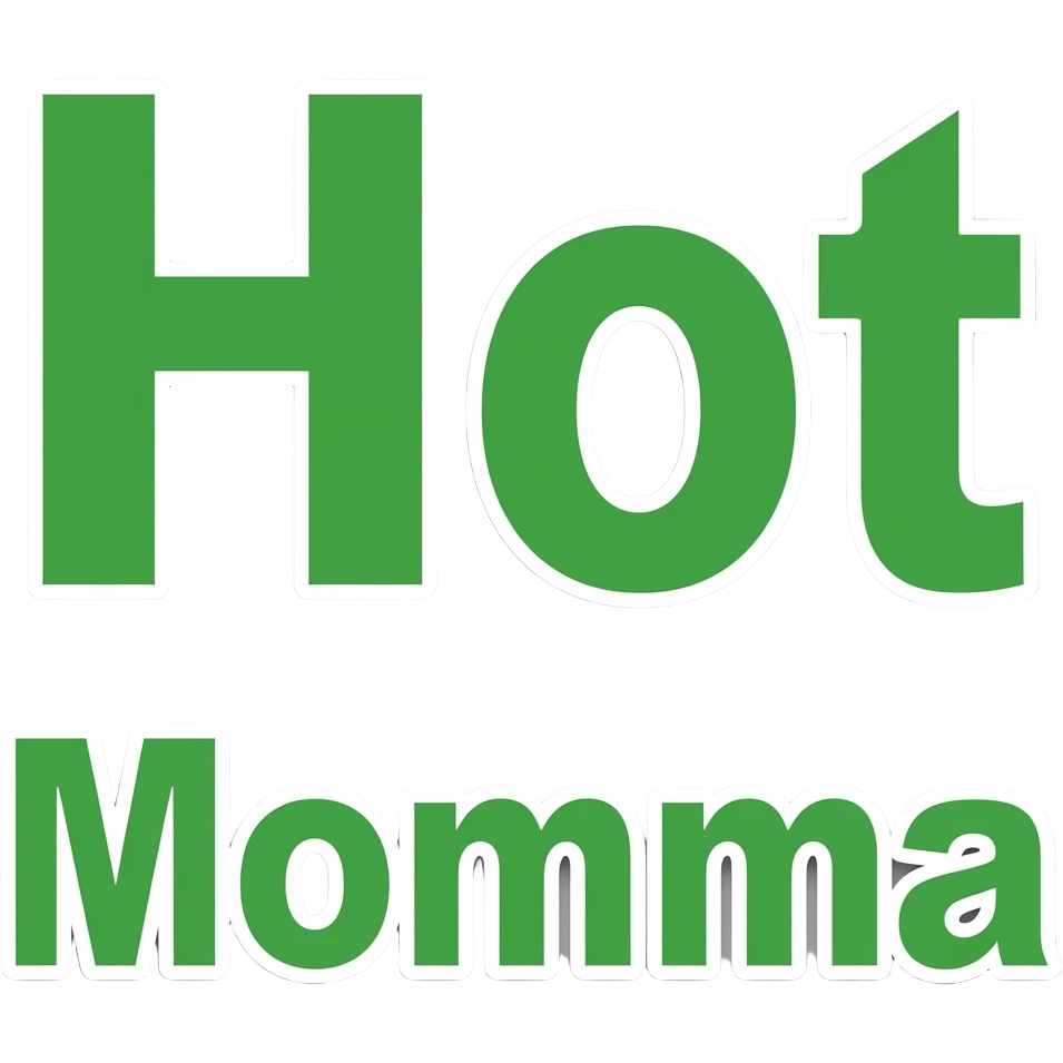Top word says Hot, bottom word says Momma, green lettering, white bordering emoji