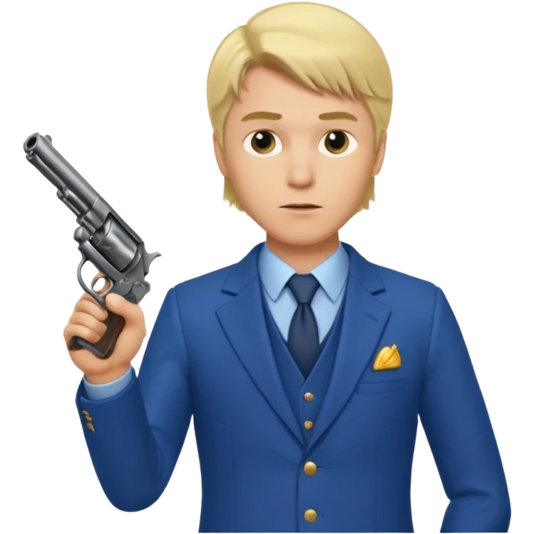 A blond man in a blue suit with a Colt pointing forward. emoji