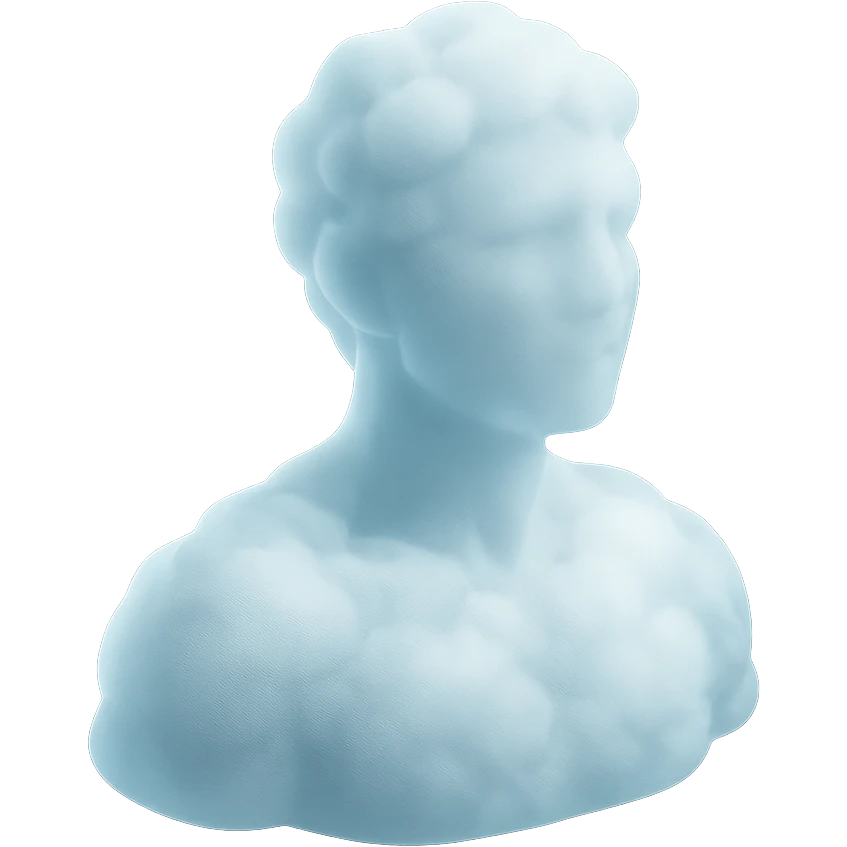 person looking straight, made entirely of white fluffy convex clouds, shoulder up, matte glass style, clouds with slight transparency emoji